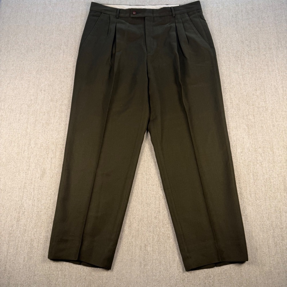 Timothy E Pleated Pants Mens 34 Olive Green Wool Dress Trousers Made in Canada